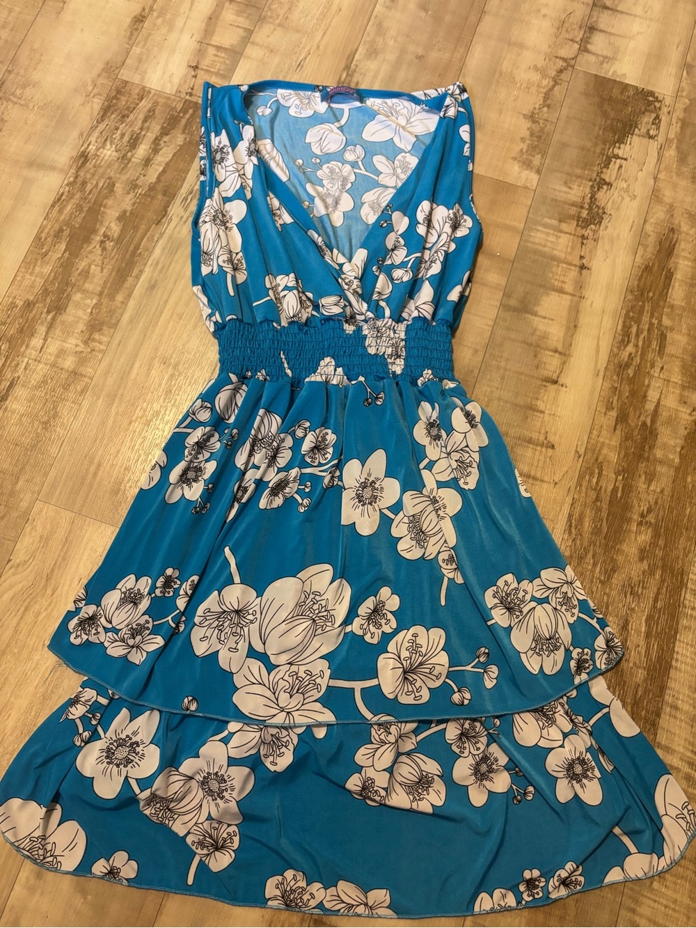 Blue Floral High-Low Dress with Smocked Waist